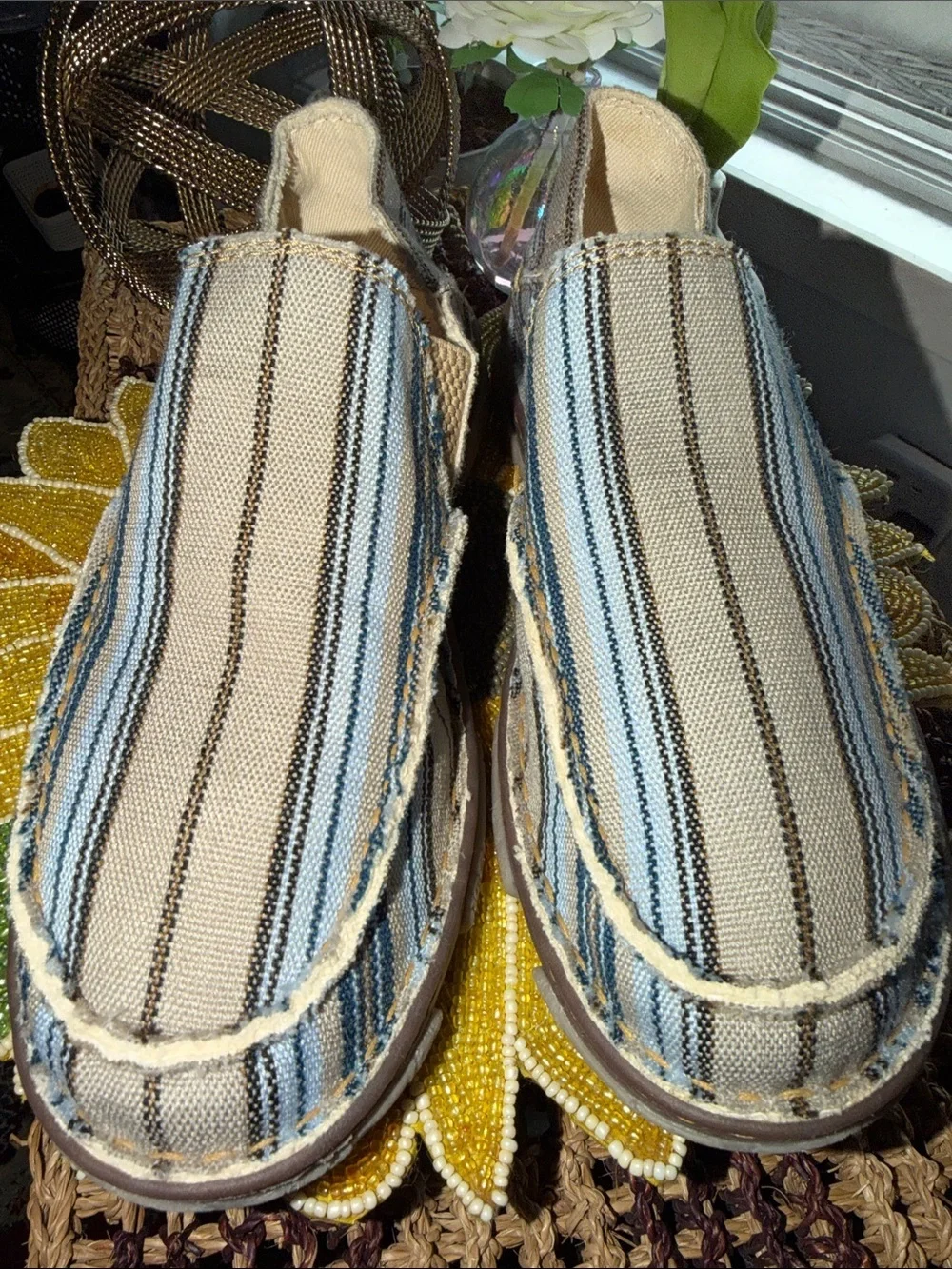 Tony Lama Gator Blue Striped Canvas Slip-On Shoes Men’s 9 New